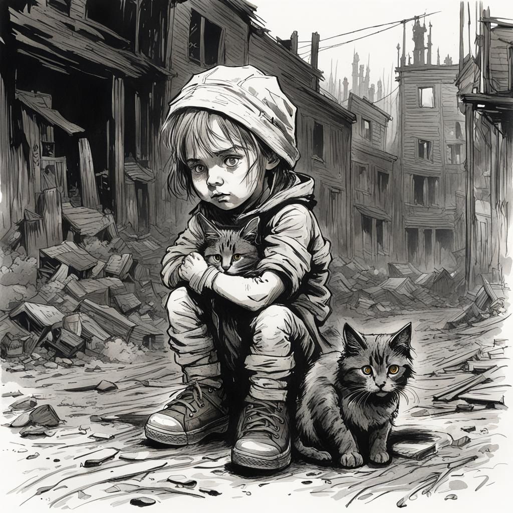 Post-Apocalyptic Girl and Cat in Ink Sketch