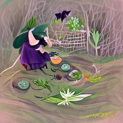 Whimsical Witch Gathering Herbs Storybook Illustration