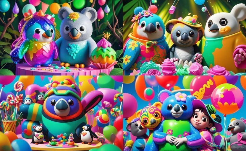 Koala and Penguin Fiesta in Candyland Art Style