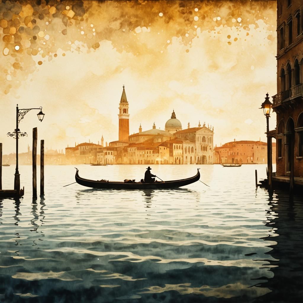 Venice Lagoon at Dusk in Pointillist Steampunk Style