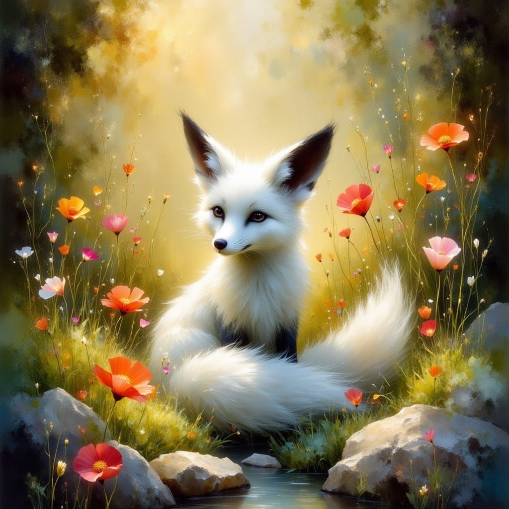 Silver Fox in Forest Glade, Whimsical Illustration