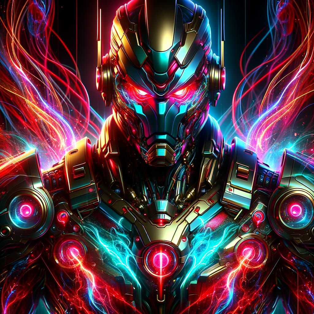 Futuristic Soldier with Crimson Eyes in Synthwave Style