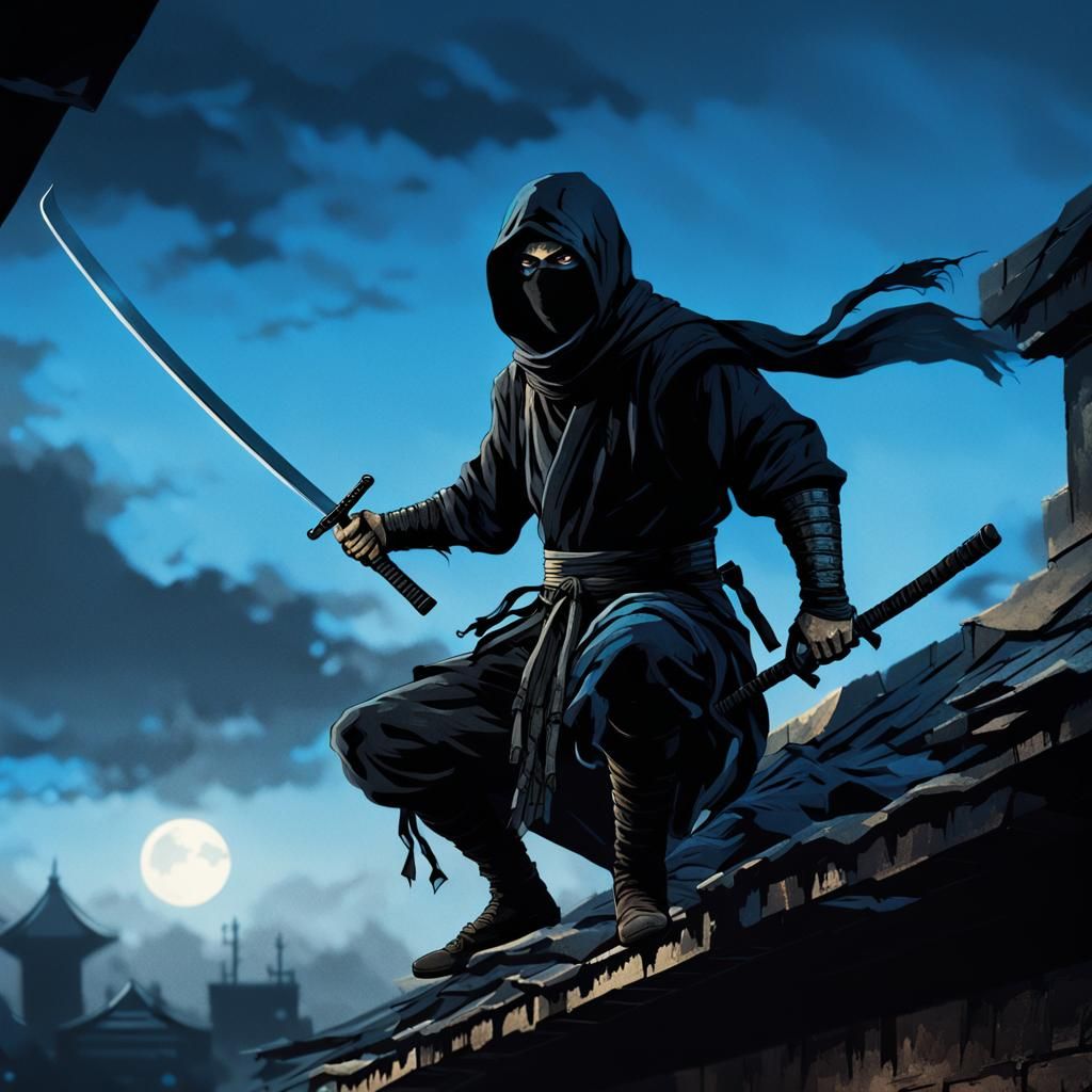 Dark Fantasy Ninja on Crumbling Rooftop at Night