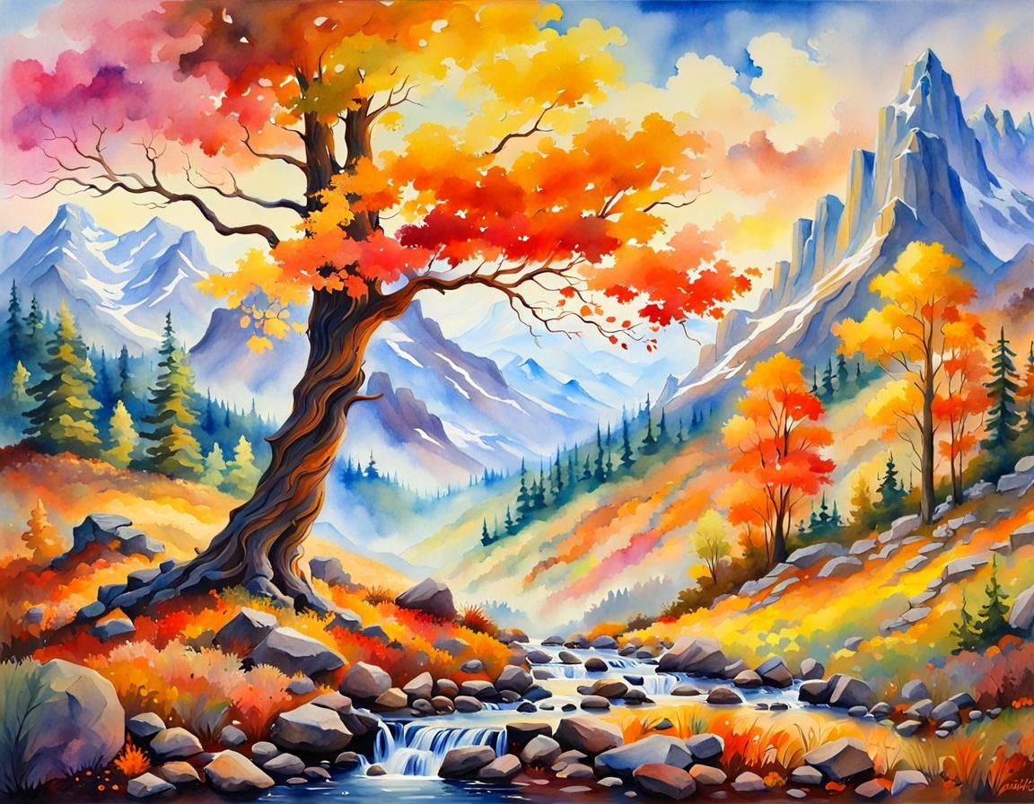Autumn Mountain Landscape in Watercolor Style