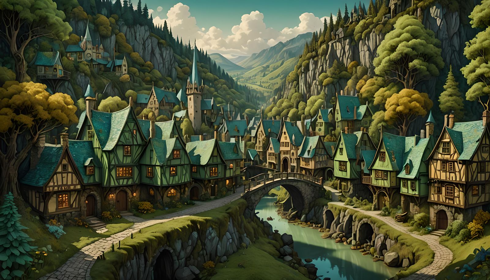 Renaissance Village in Ink Brush Style