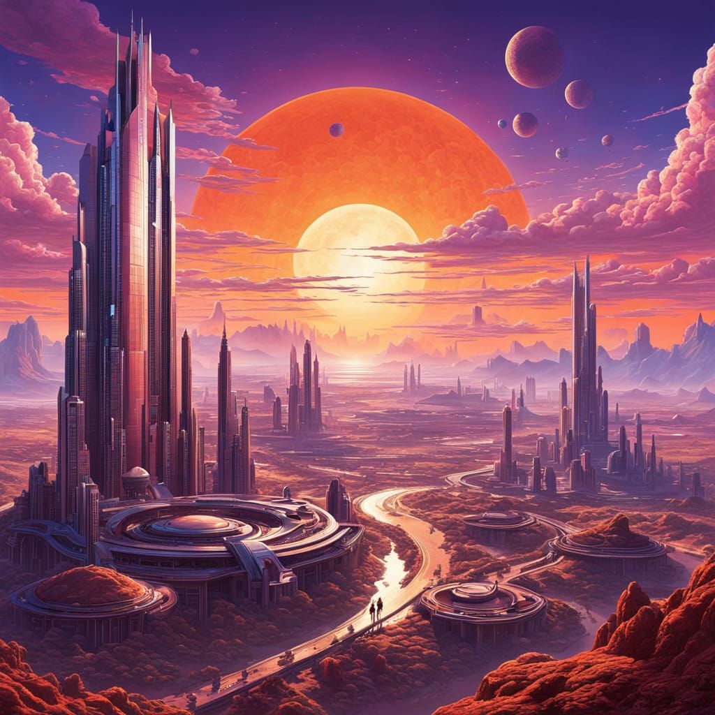 Utopian Cityscape on Desert Planet in Retro-Futuristic Style