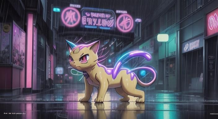 Meowth Pokémon in Rainy Neon Anime Style