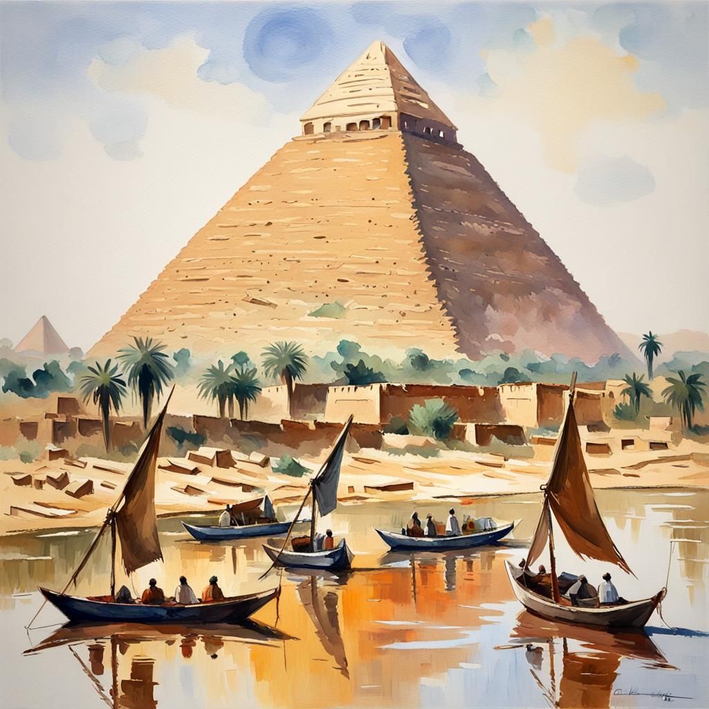 Upper Nile River Scene in Gouache Watercolor