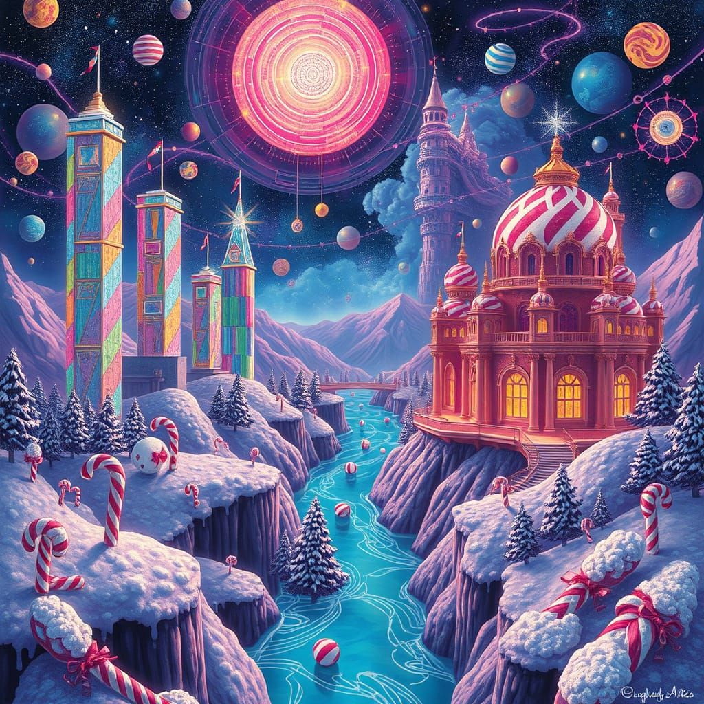 Vibrant Candy Cityscape in Cosmic Illustration Style