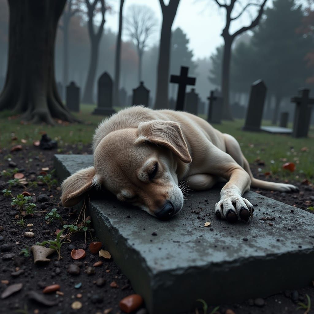 Puppy Sleeps on Grave in Twisted Ink Style
