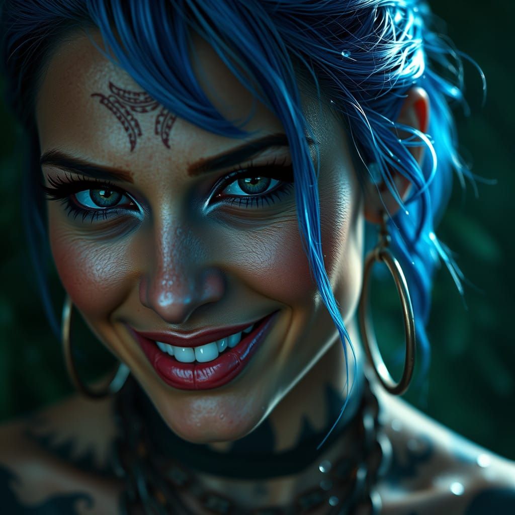 Vibrant Blue-Haired Woman Radiates Enigmatic Smile in Rainy,...