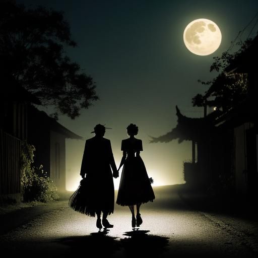 Couple Walking Under a Glowing Full Moon