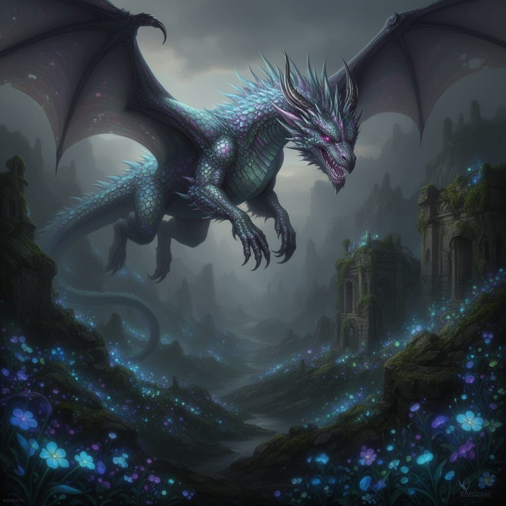 Majestic Dragon Guards Enchanted Valley in Dark Fantasy Real...