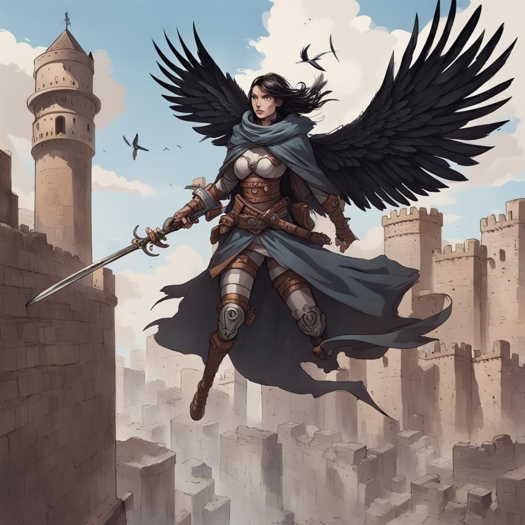 Magpie-Headed Humanoid Soaring Over Ancient City