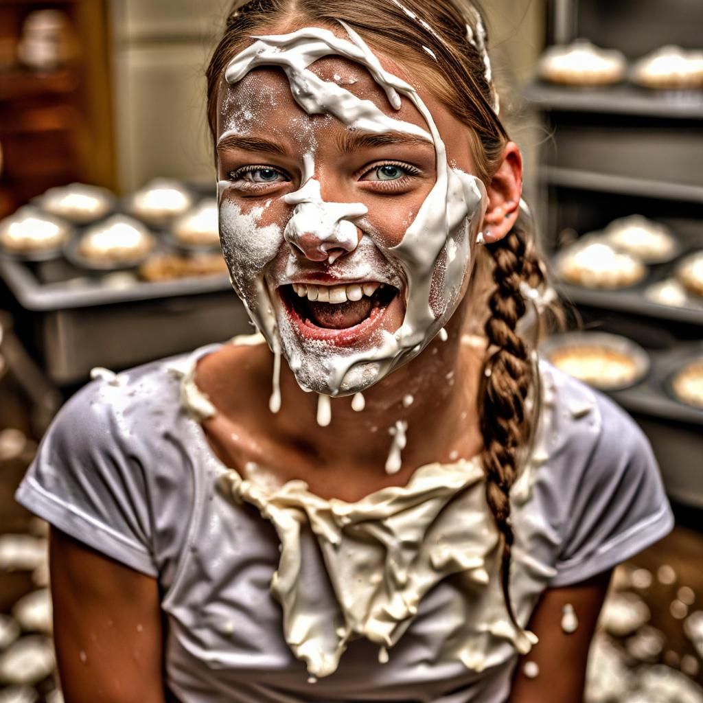 Girl Covered in Cream Pie: Hyperrealistic Photo
