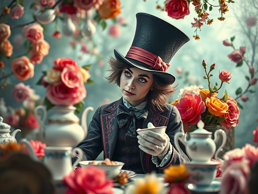 Surreal Mad Hatter Tea Party in Ink Painting Style