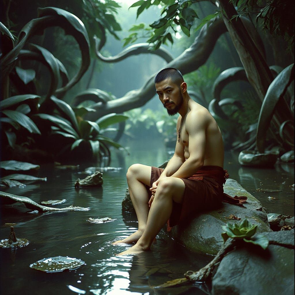 Sad Chinese Prince in Alien Garden, Pre-Raphaelite Style