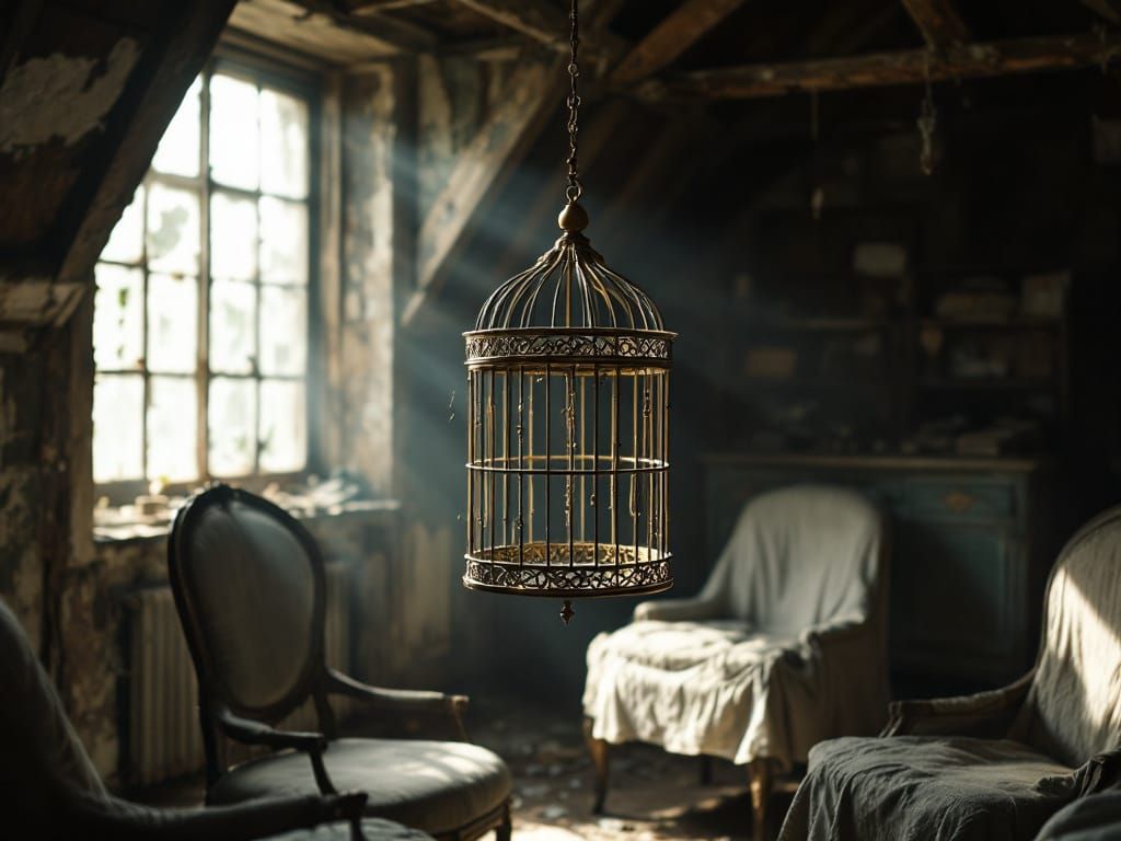 Forgotten Victorian Birdcage in Dusty Attic Light