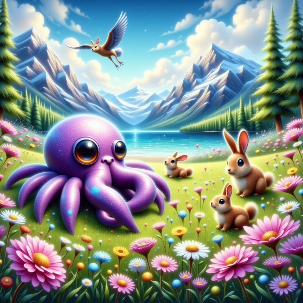 Whimsical Alaskan Meadow Scene with Spider-Octopi and Local ...