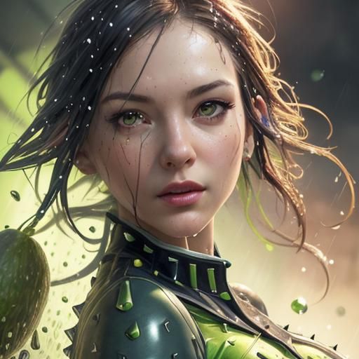 Hyperrealistic Avocado Woman's Rainy River Jump