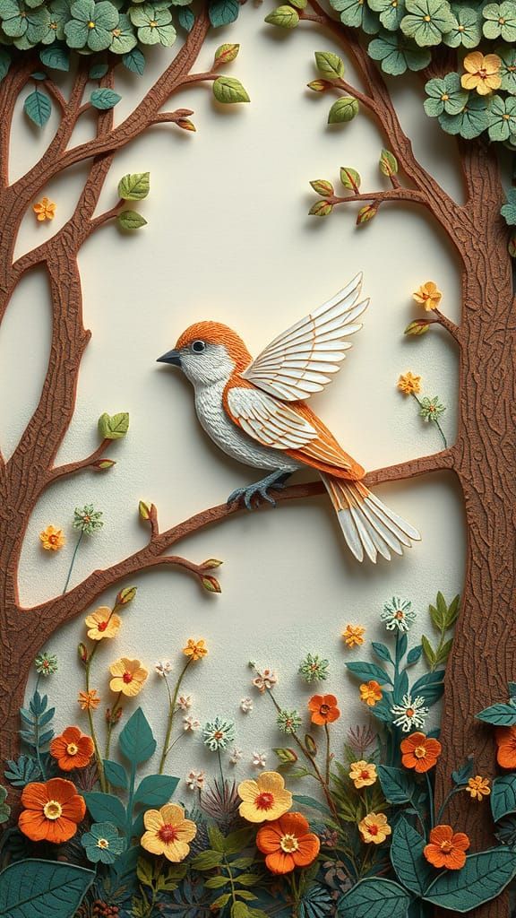 Whimsical 3D Paper Bird in a Paper Forest