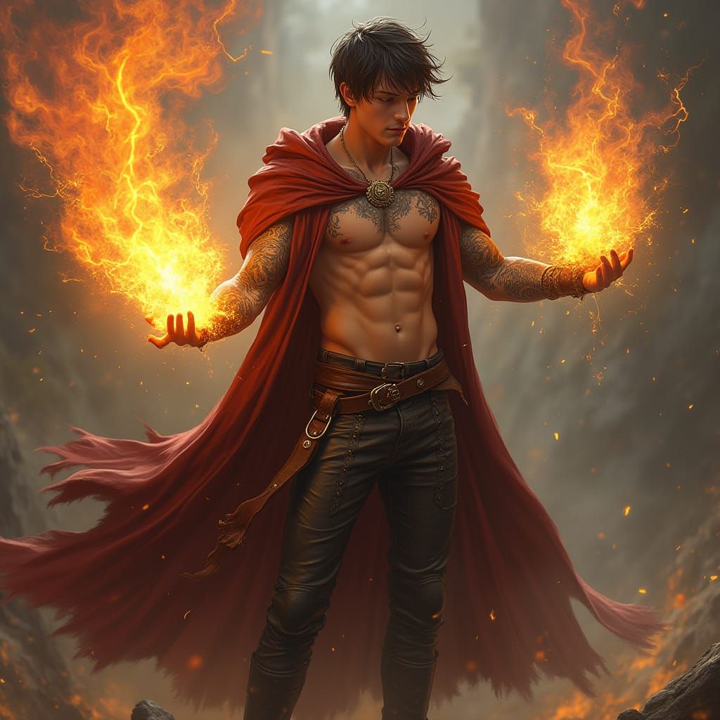 Young Wizard Conjuring Fire and Lightning Energy