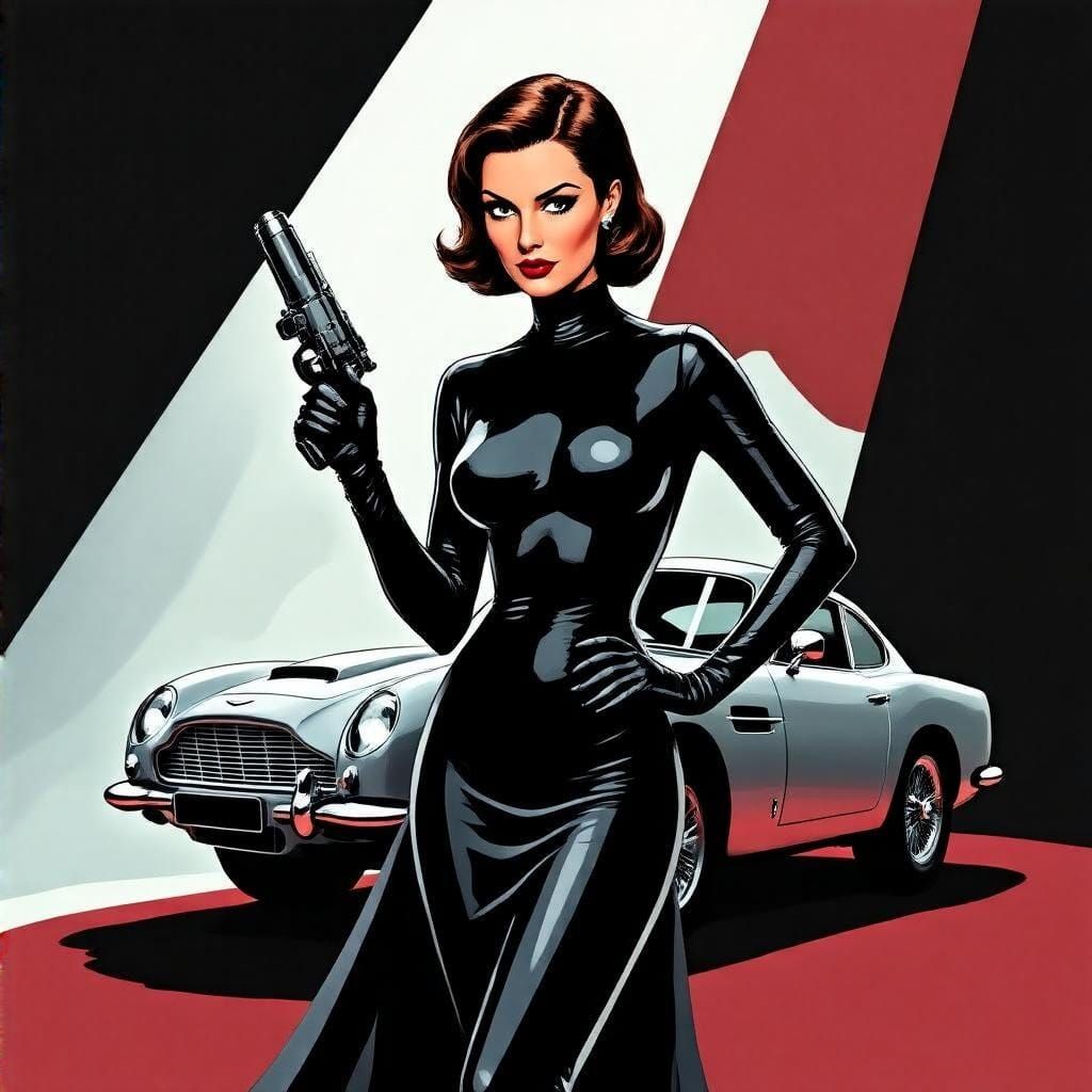 Sophisticated Female Spy in 1960s-Style Illustration