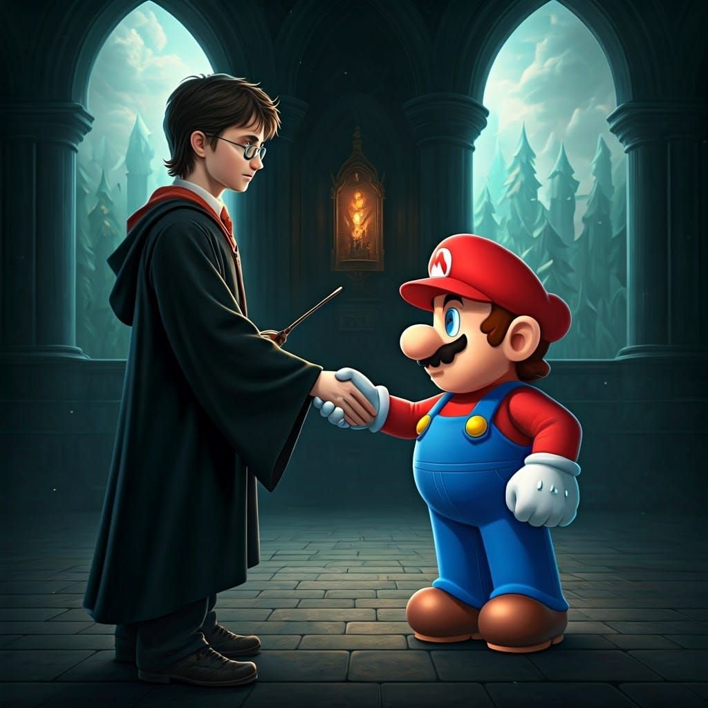 Harry Potter Meets Mario in Whimsical Fantasy Scene