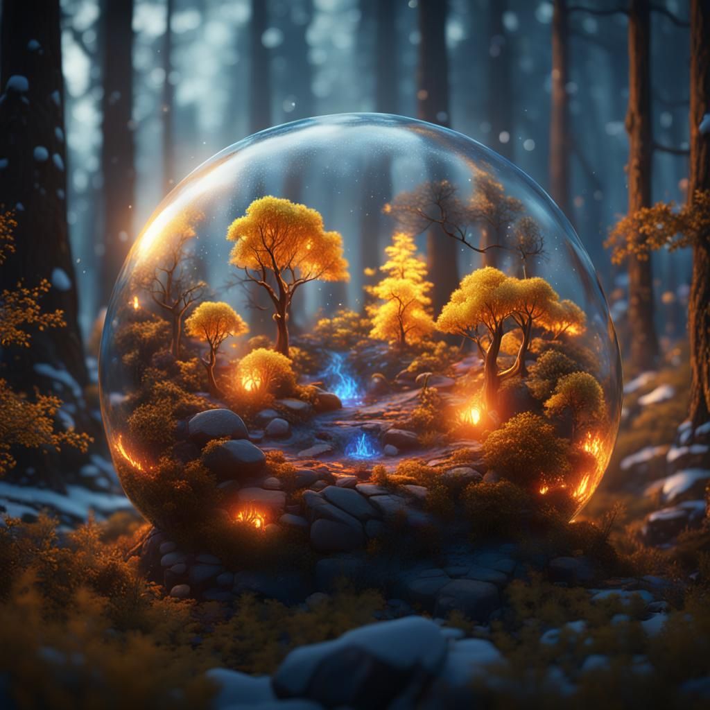 Miniature Forest Fire in Bubble: Fantasy Concept Art