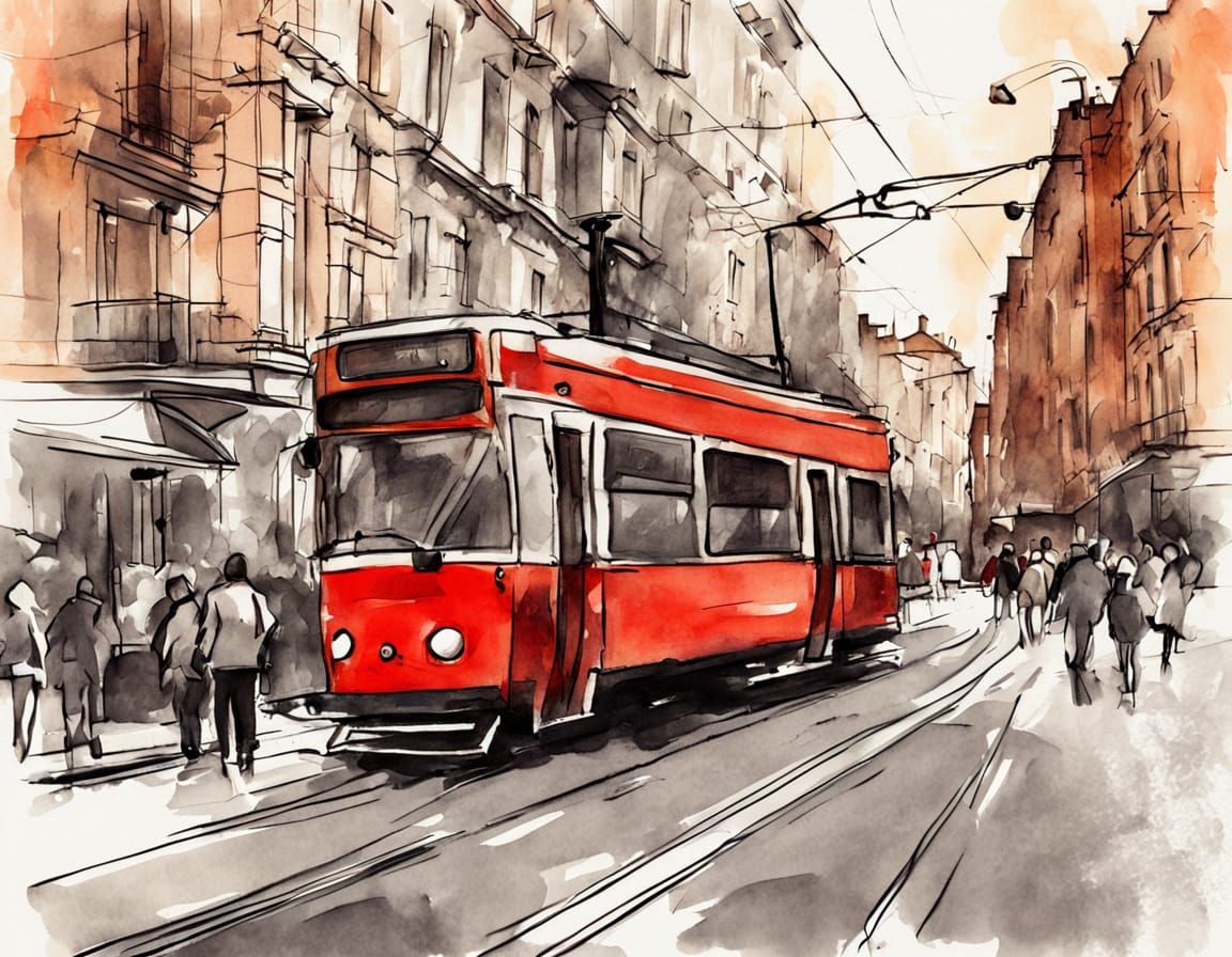 Red Tram in Ink and Wash Style