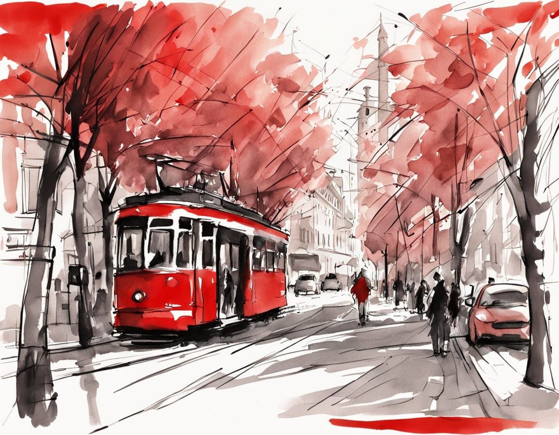 Red Tram on City Street: Expressive Ink Sketch