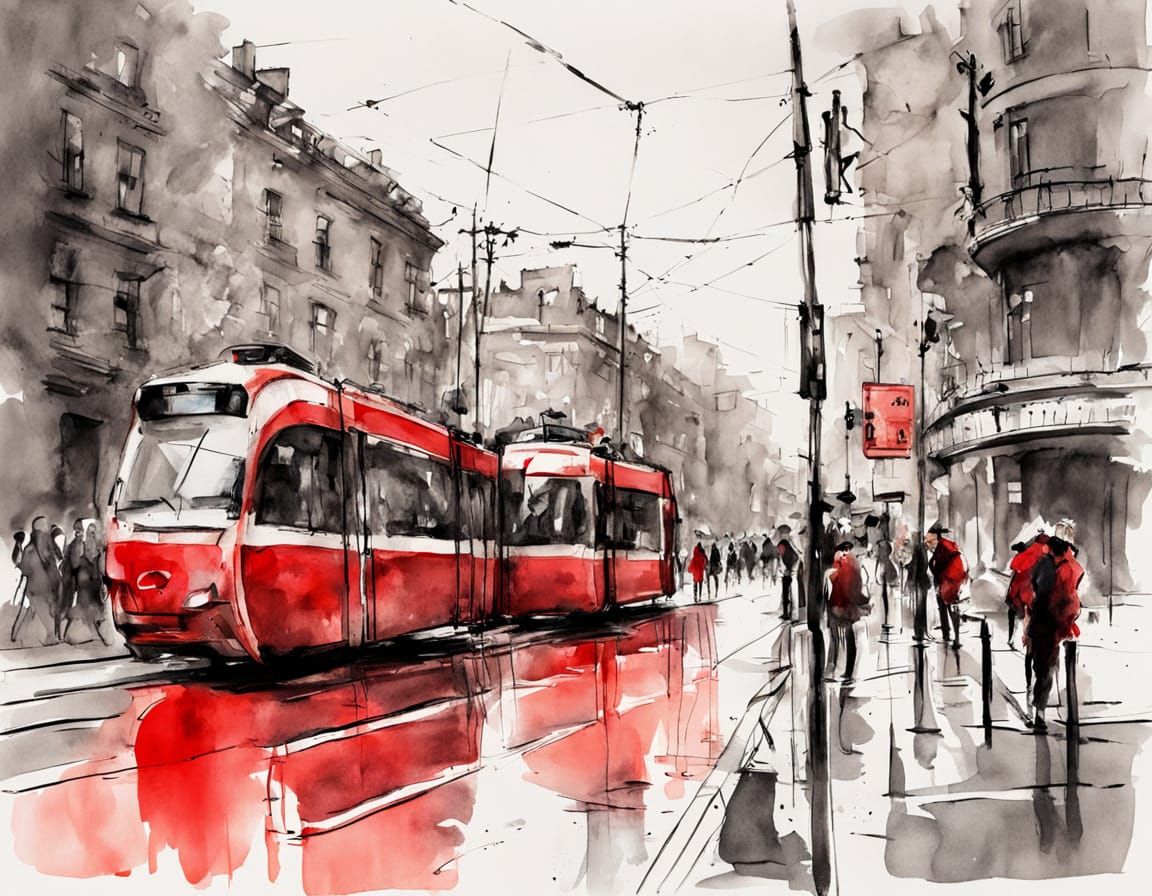 Red Tram on City Street: Ink and Wash Sketch