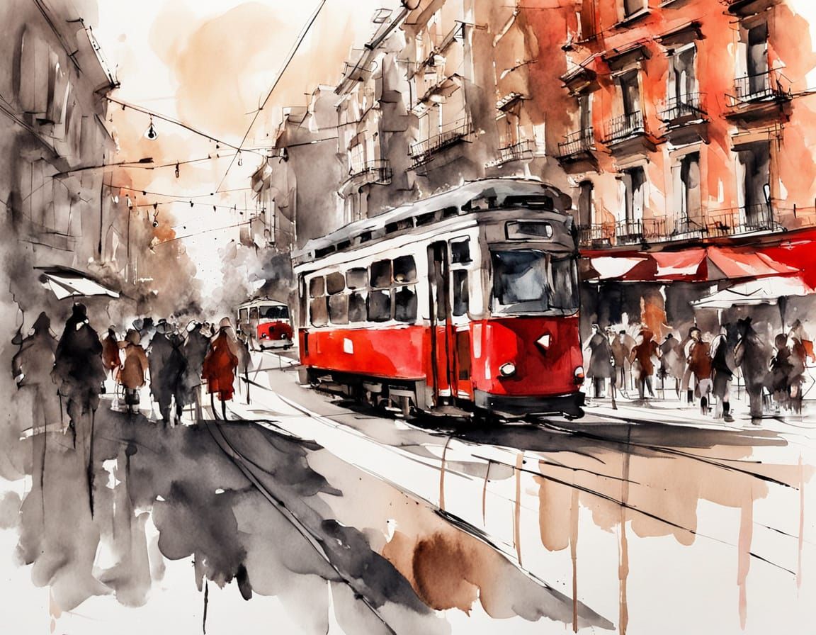 Red Tram in Urban Sketch Style