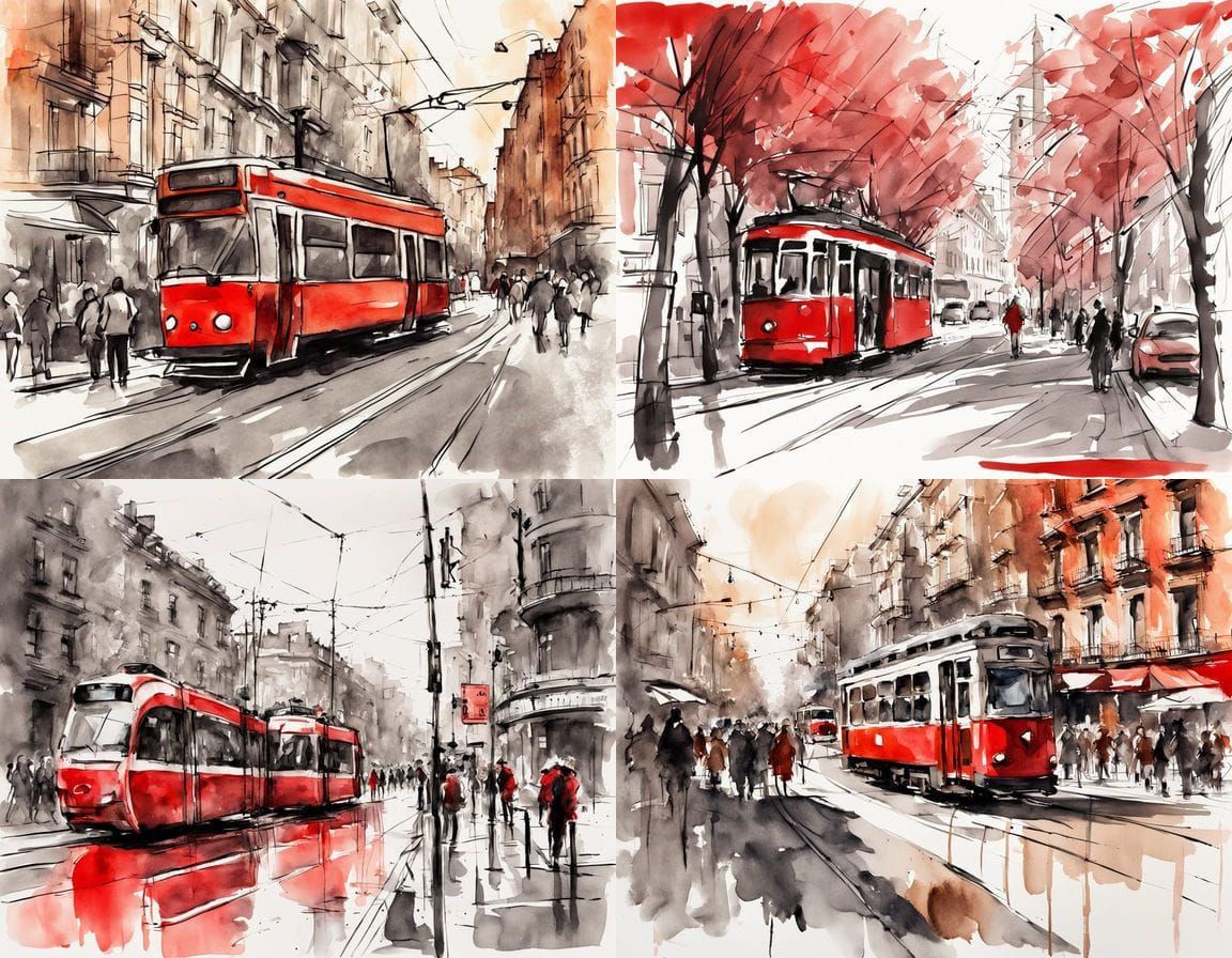 Red Tram in Urban Ink Wash Style