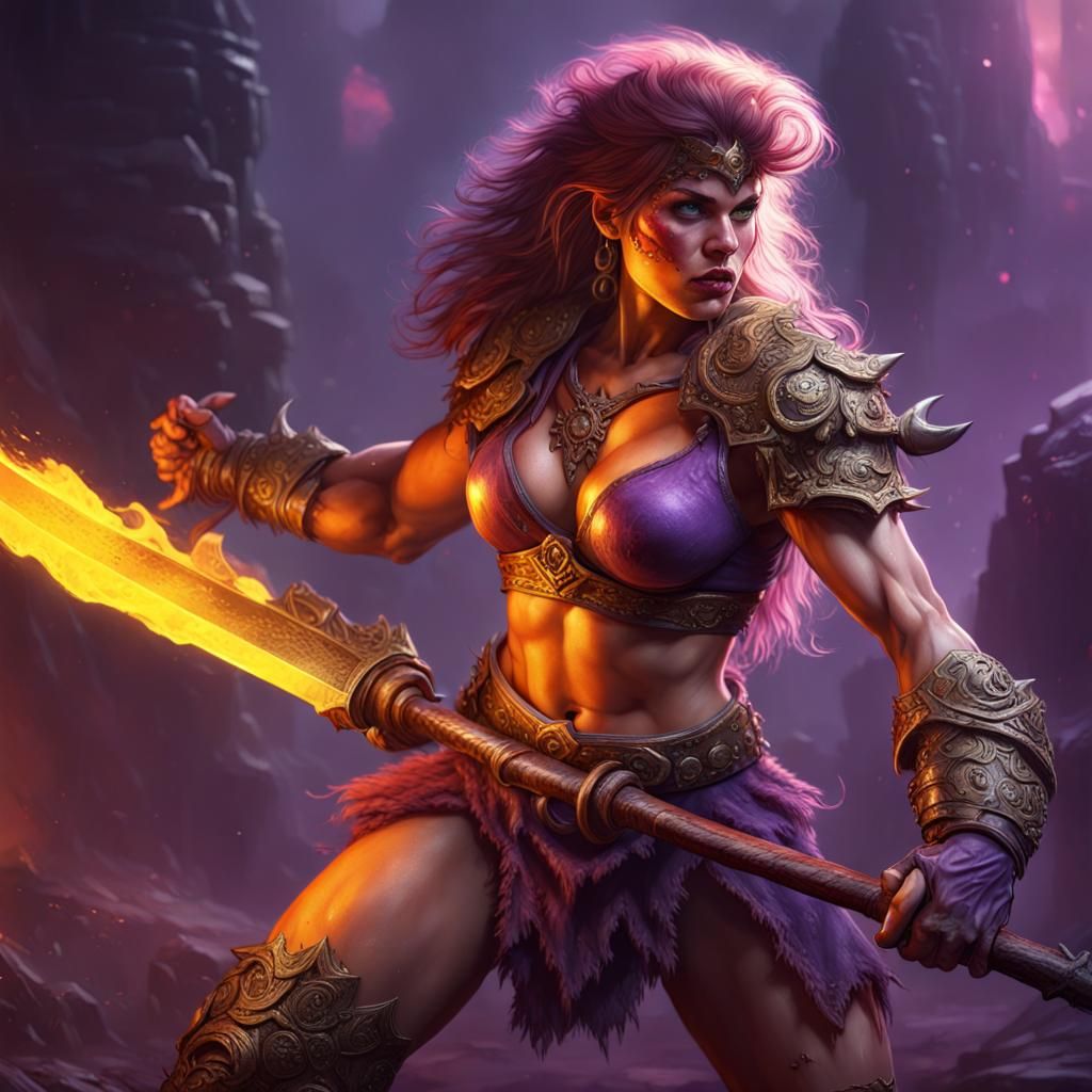 Female Barbarian Fighting Monster in Dark Fantasy Style