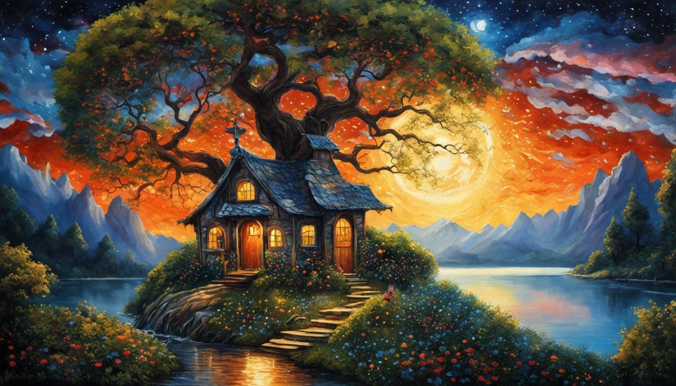 Starry Night at Enchanted Wonderland as Impasto Painting