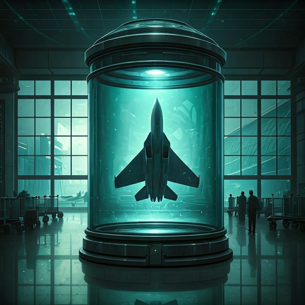 Fighter Jet in Glass Jar at Airport Terminal