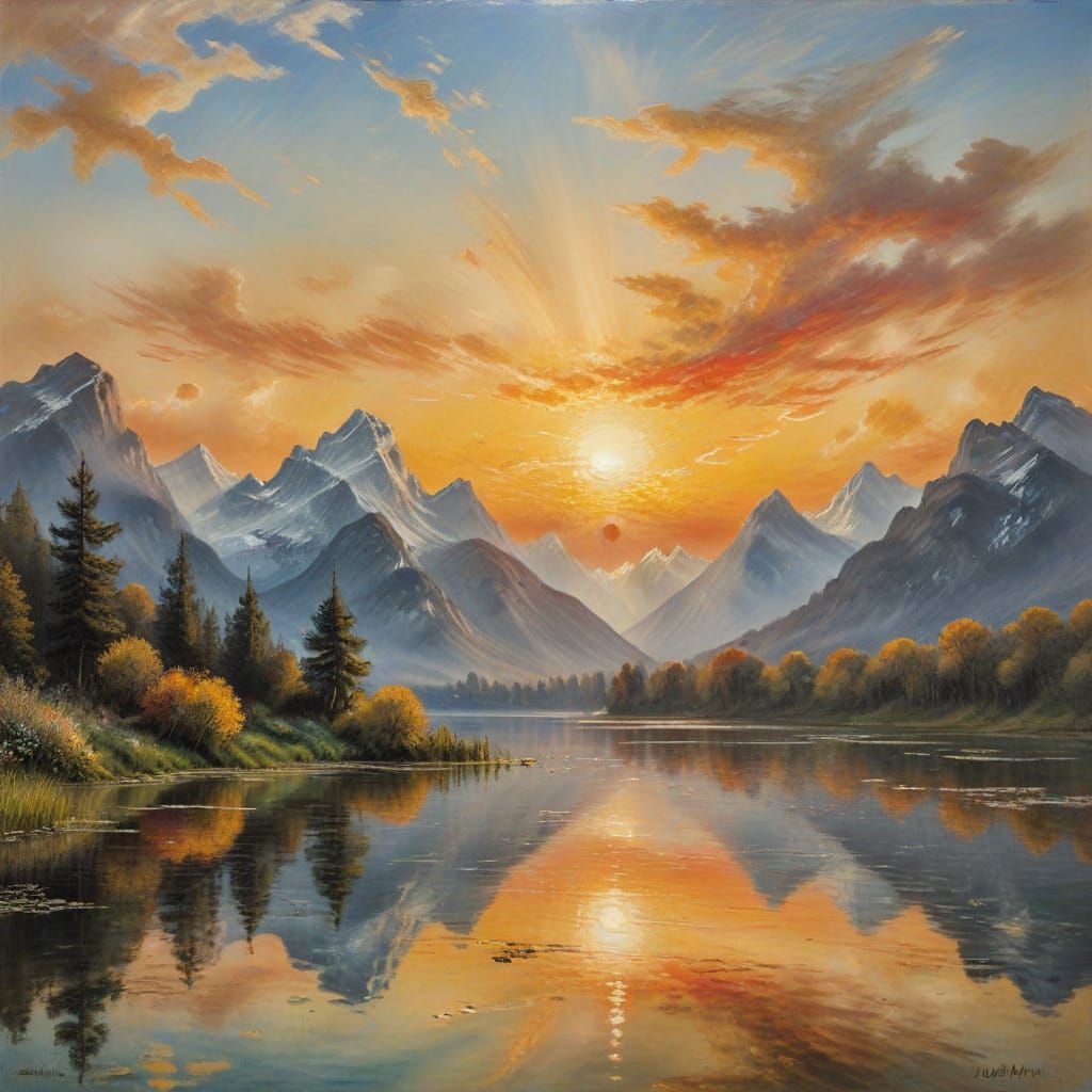 Encaustic masterpiece, majestic mountains sunrise over a lak...