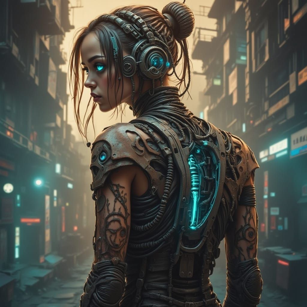 Cyberpunk Woman with LED Tattoos in Giger Style
