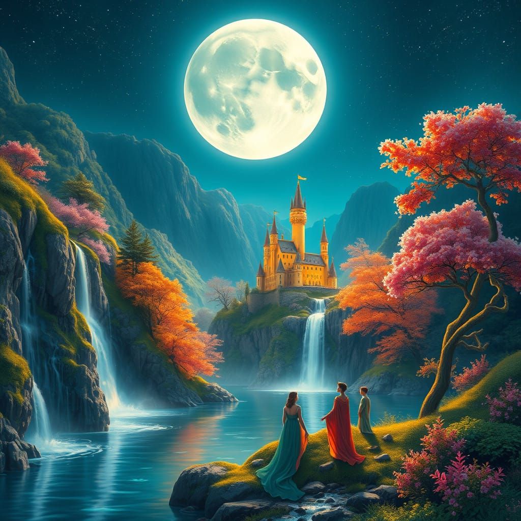 Dreamlike Landscape with Colossal Moon and Tranquil Valley