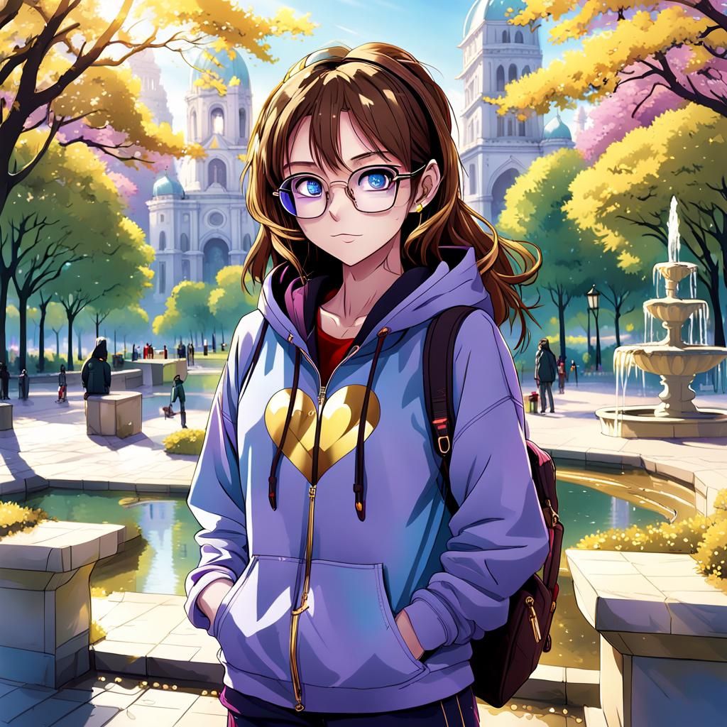 Girl with Headphones Leaning on Fountain: Anime Style
