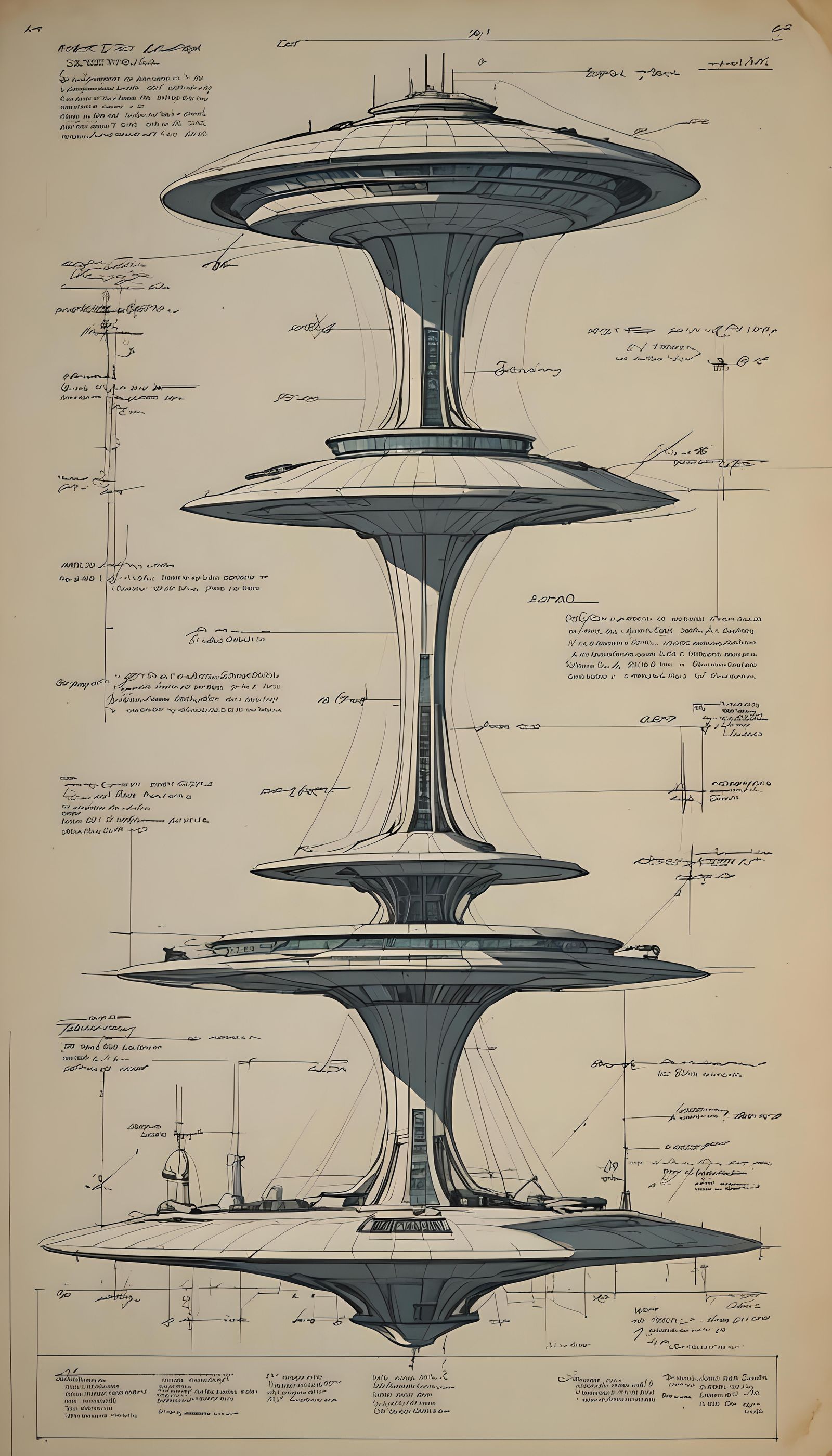 Space age building, skylights, transport landing pads, side view, engineering drawing, specification notes