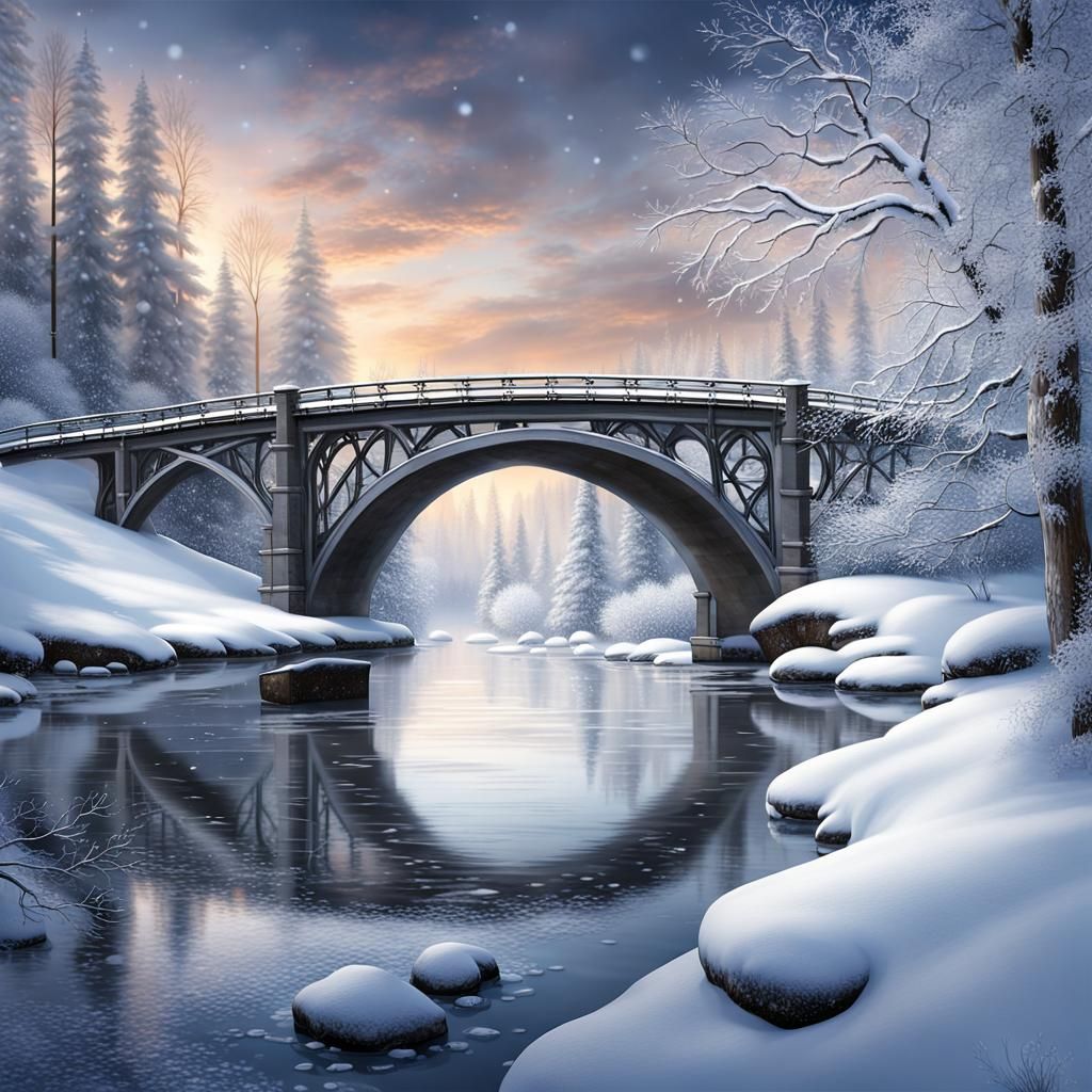Winter River Landscape with Footbridge in Photographic Style