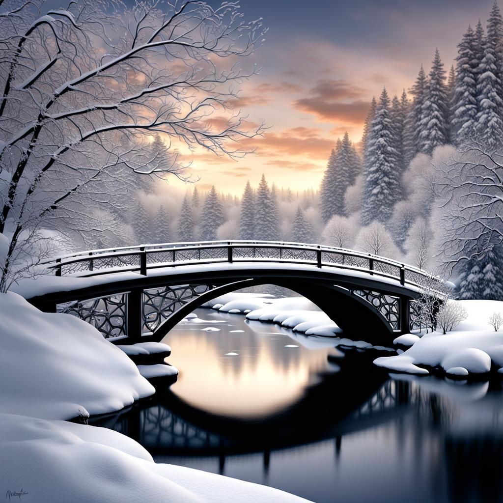 Winter Landscape with River and Bridge in Photographic Style