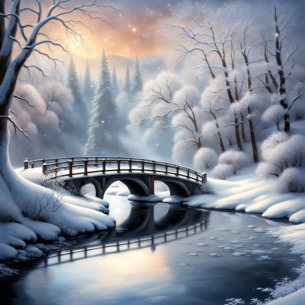Winter River Landscape with Bridge in Photographic Style