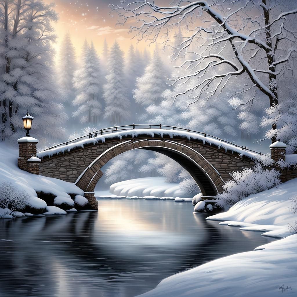 Winter Wonderland: Serene River and Snowy Bridge