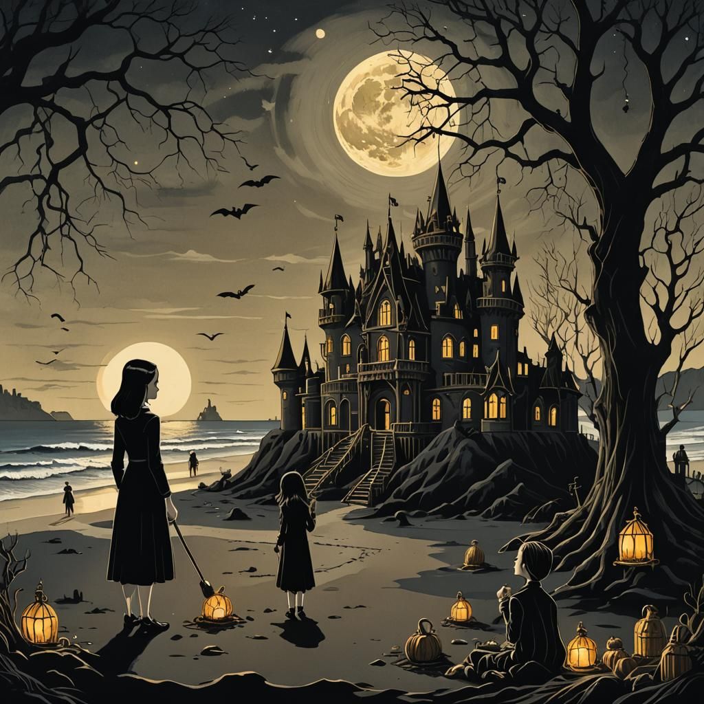Addams Family Build Haunted Sandcastle in Dark Fantasy