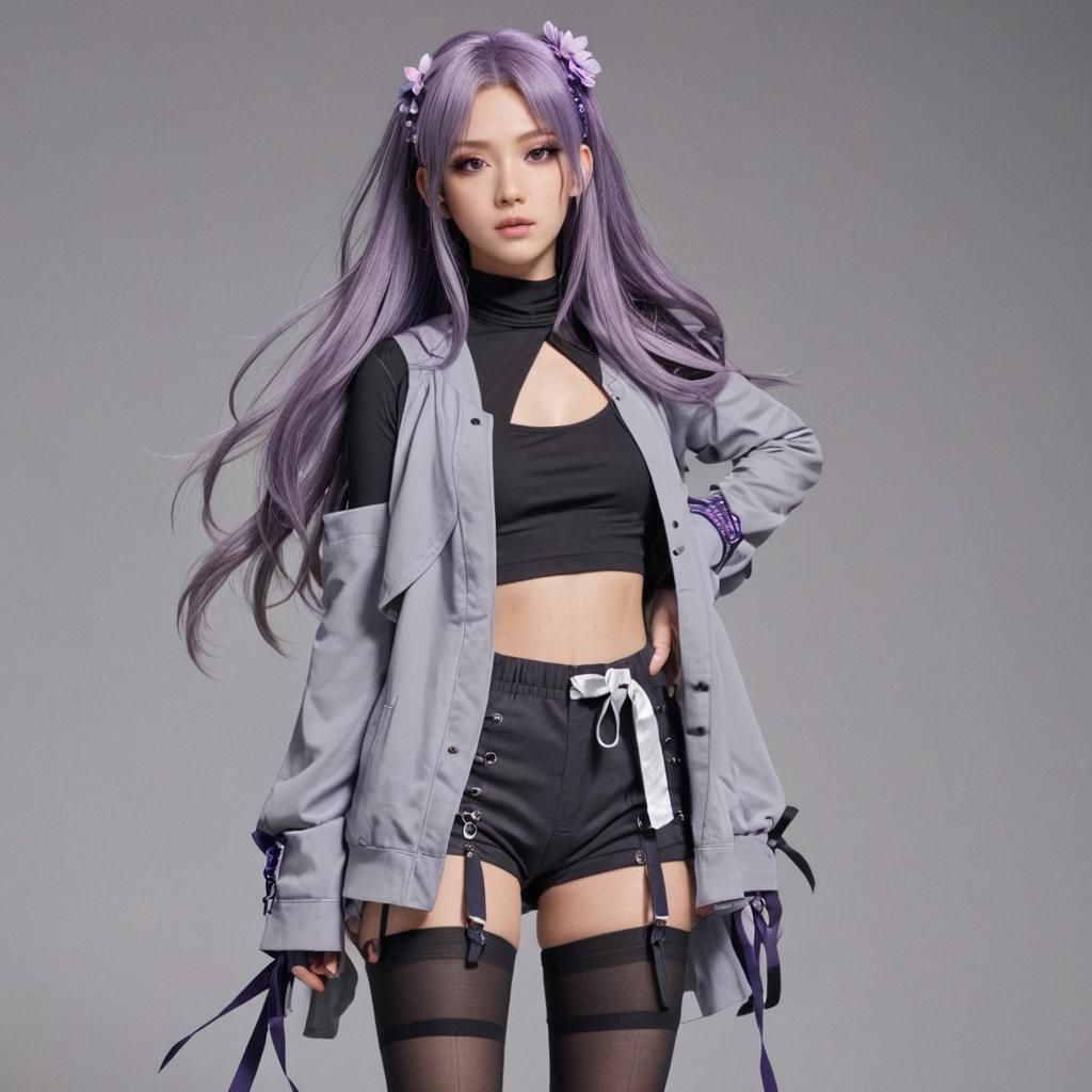 Anime Girl with Purple Hair in City Street Scene