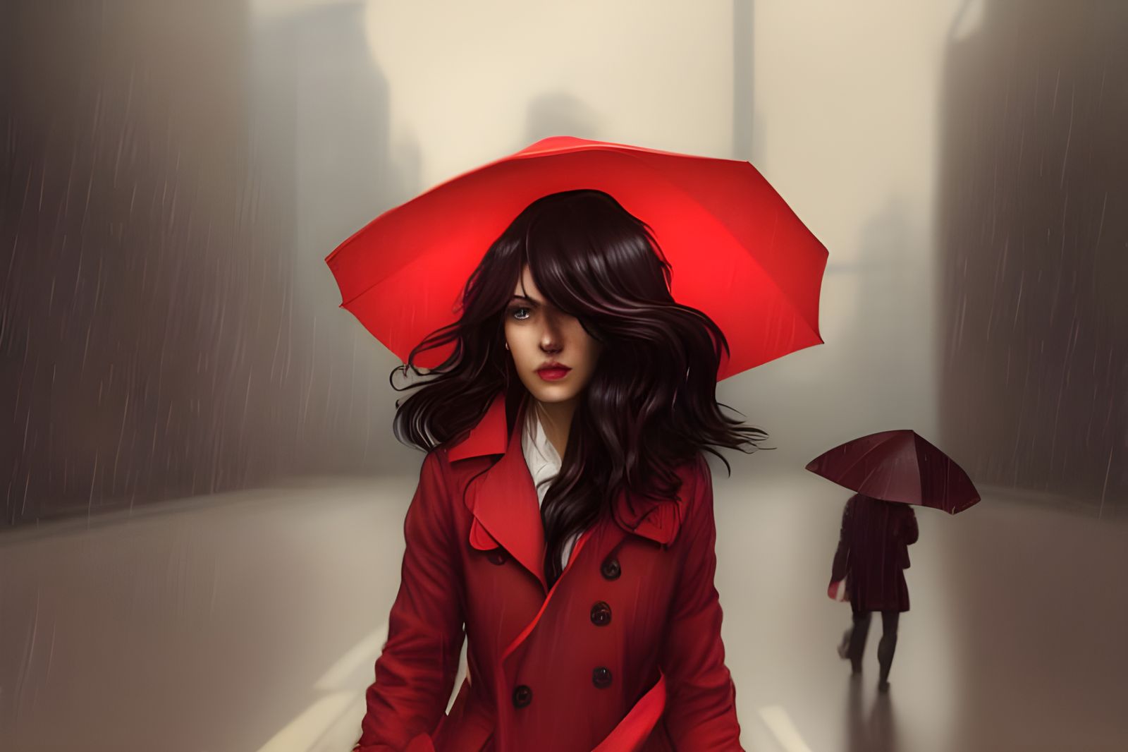 Woman in Red Coat Walking in Rainy Street