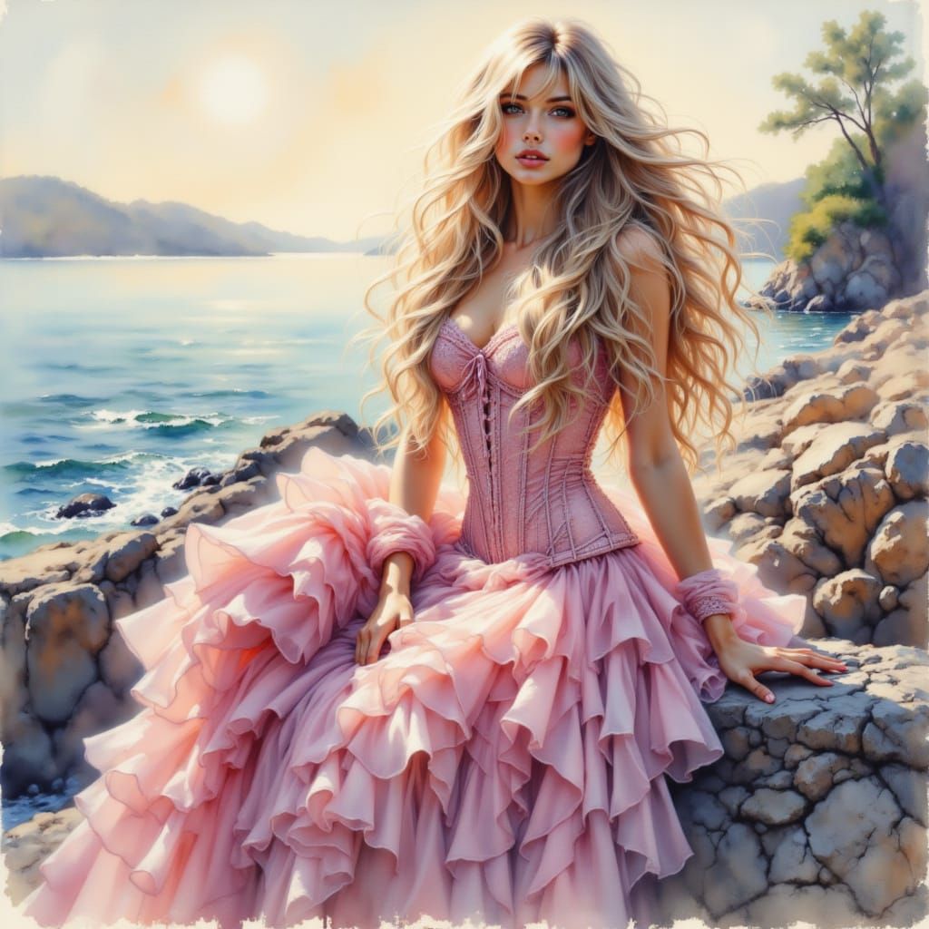 Elegant Woman in Pink Corset with Flowing Hair